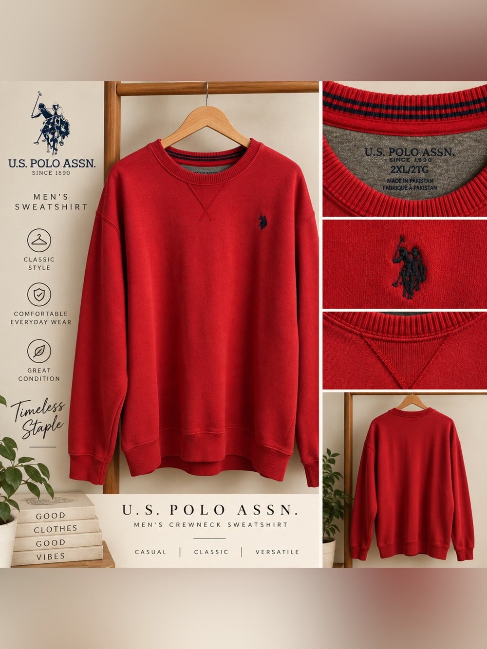 U.S. Polo Assn. Men’s 2XL Red Crewneck Sweatshirt Embroidered Logo